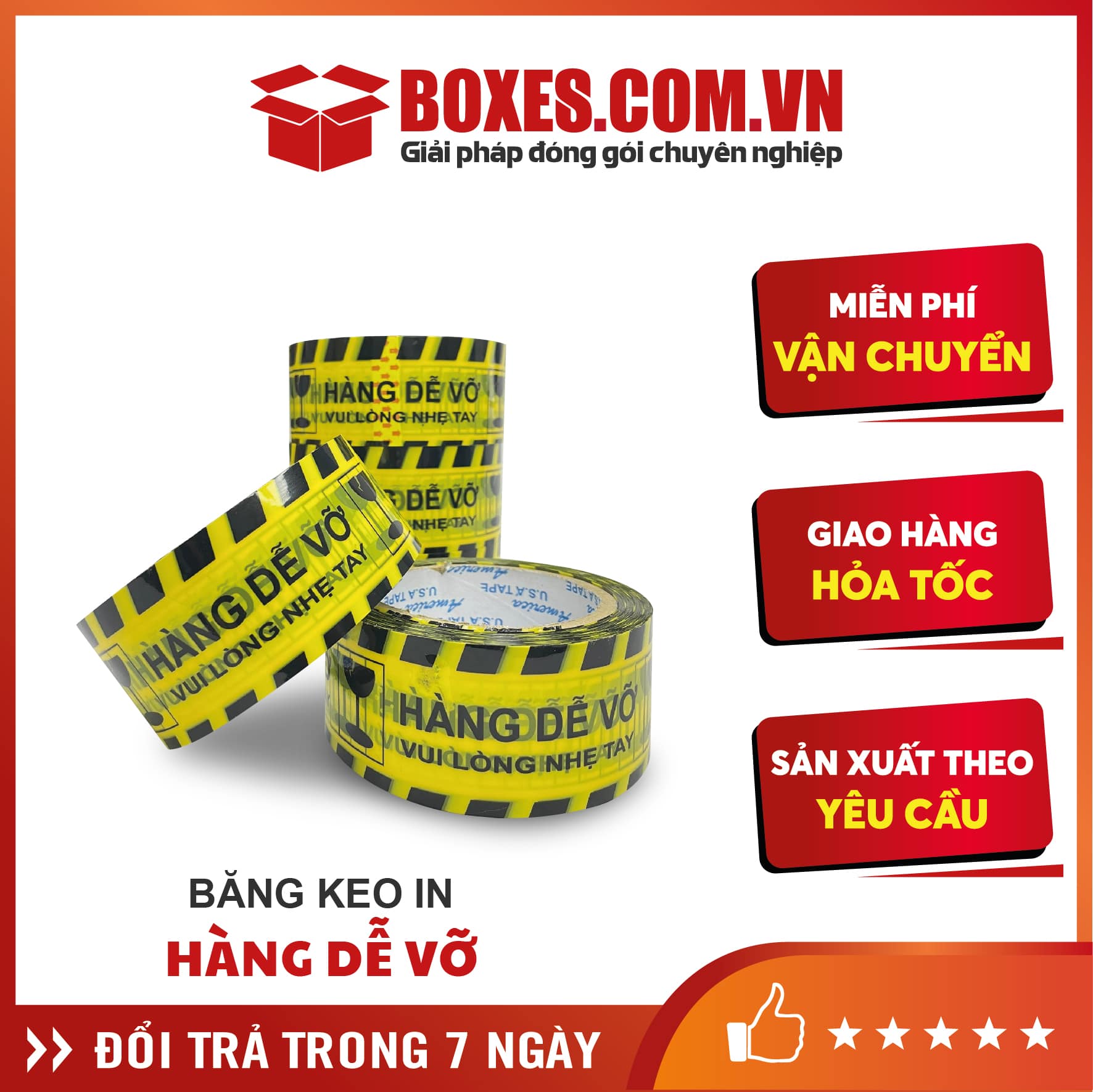 Băng keo in hàng dễ vỡ (Cây 1.2kg gồm 6 cuộn)  – BKHDV