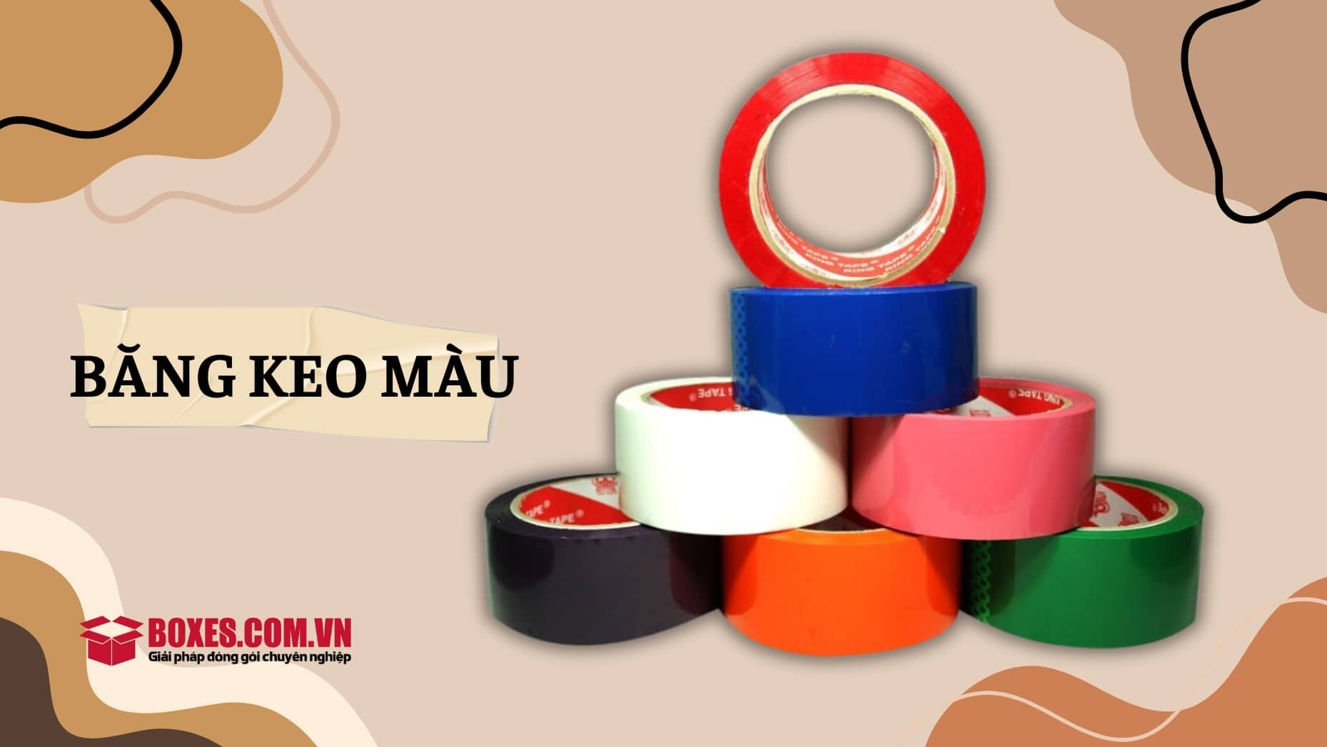 Băng keo màu gồm nhiều màu sắc khác nhau, giúp tăng tính thẩm mỹ trong đóng gói