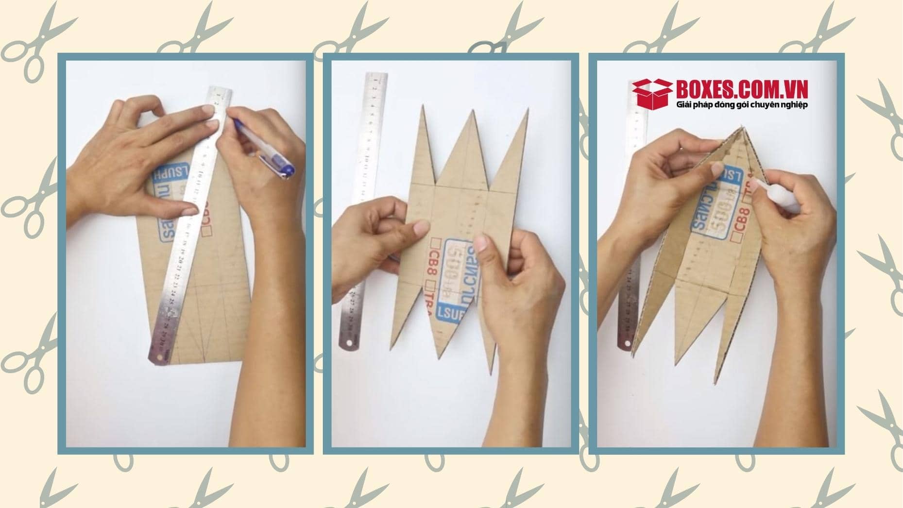Bước 1: Vẽ và cắt 4 hình tam giác cân