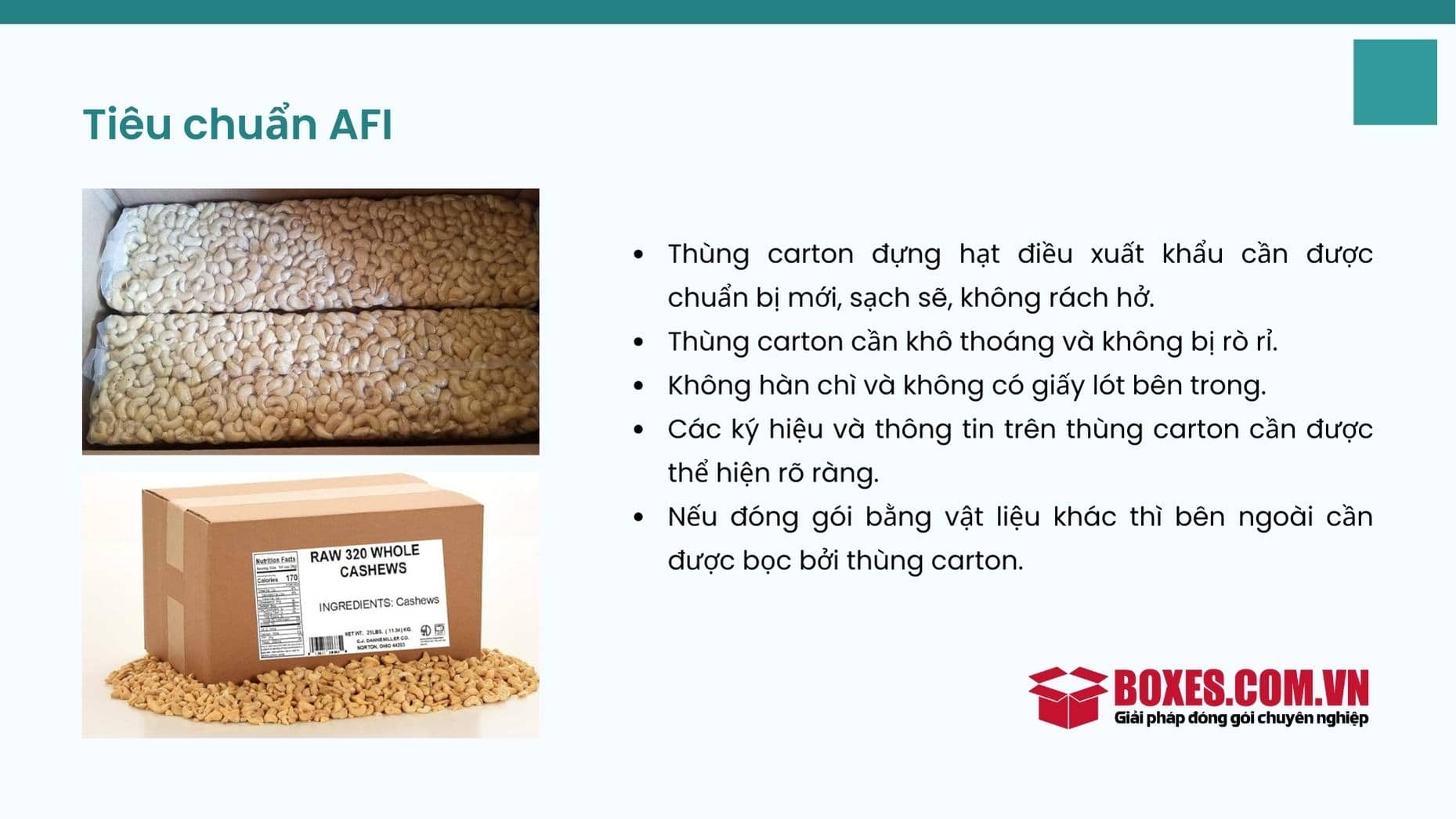 Yêu cầu của quy định AFI về đóng gói hạt điều xuất khẩu