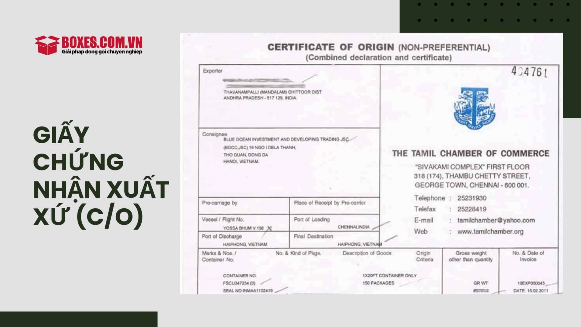 Hình ảnh giấy chứng nhận xuất xứ (C/O)