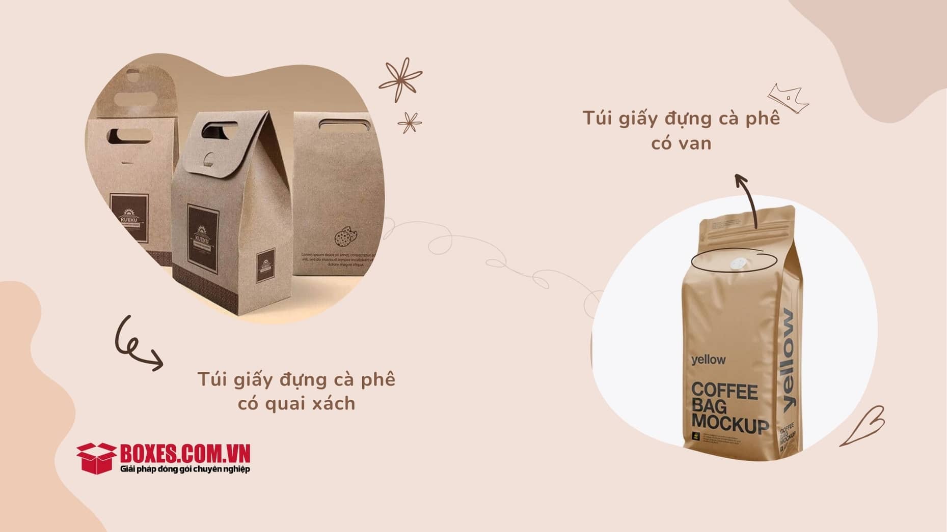 Túi giấy đựng cà phê có quai xách và túi giấy đựng cà phê có van