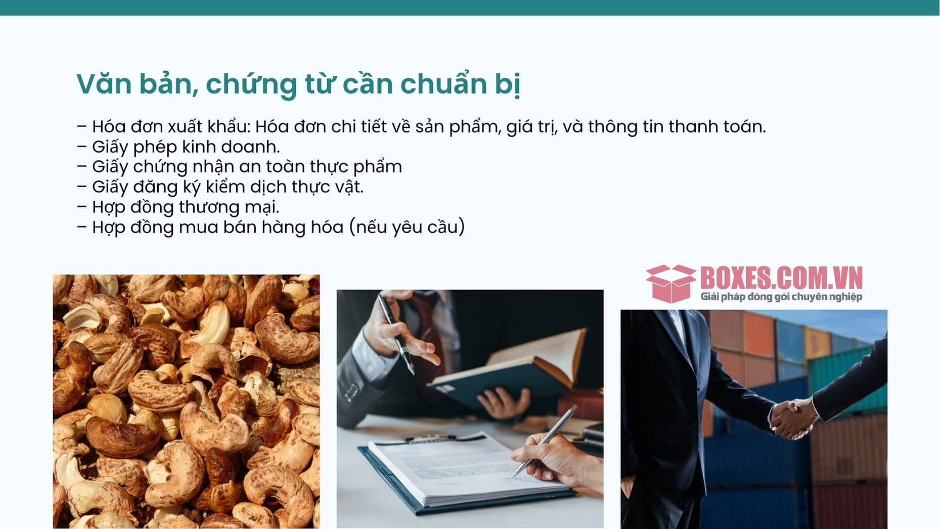 Văn bản chứng từ khi xuất khẩu hạt điều